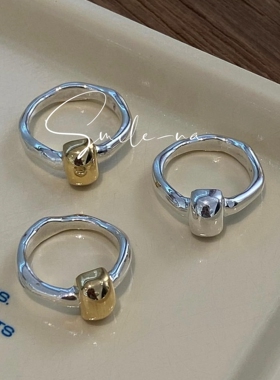 韩国进口小众设计款S925纯银方形拼色时尚百搭叠戴简约戒指指环