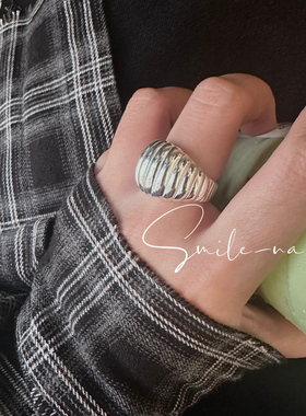 韩国进口小众设计S925纯银牛角包纹理时尚复古戒指百搭指环