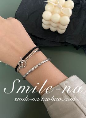 进口复古做旧风网格拼接皮绳手链