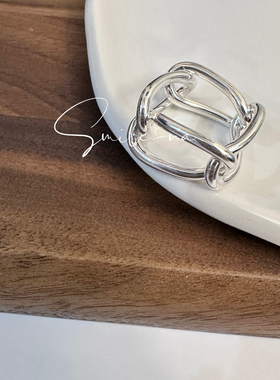 韩国进口小众设计师款925纯银镂空链条方型软戒指食指戒指指环