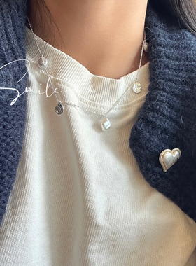 韩国进口S925纯银圆片珍珠项链设计款淡水珍珠银牌项链锁骨链时尚