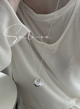 韩国进口S925纯银小众设计时尚百搭元宝银坨坨吊坠长款项链毛衣链