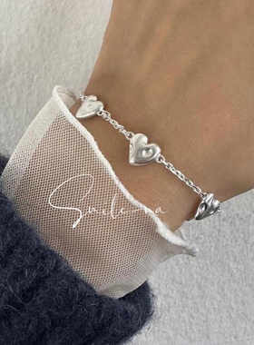 韩国进口925纯银小众设计简约气质凹凸面不规则爱心实心手链手环