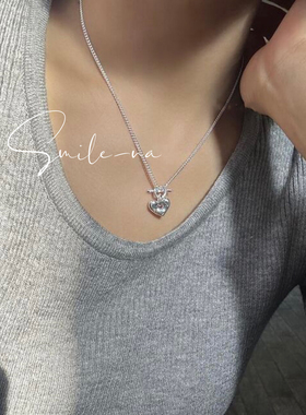 韩国进口小众款925纯银不规则面爱心 心型OT扣项链坦克链锁骨链