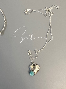 韩国进口小众设计925纯银凹凸面爱心镶嵌天然宝石吊坠毛衣链项链