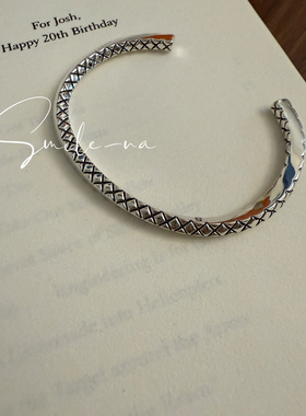 韩国进口S925纯银小众设计菱格纹扭纹时尚百搭实心手镯手环女