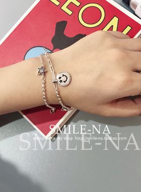 韩国进口纯银别针圆牌五角星手链