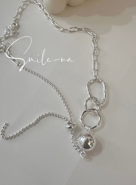 韩国进口S925纯银小众设计款不规则圆珠别针链条时尚百搭锁骨项链