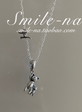 纯银卡通小熊复古吊坠字母项链