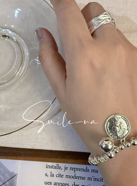 韩国进口S925纯银小众设计感圆珠银珠拼接女王头像吊坠手链手环