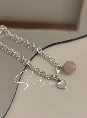 韩国进口小众款S925纯银爱心粉色天然水晶吊坠女手链 百搭手环