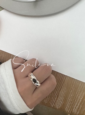 韩国进口小众925纯银时尚重工麻花镶嵌天然黑玛瑙法式戒指指环