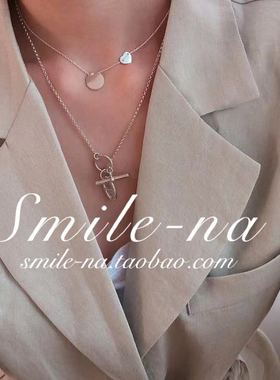 韩国东大门纯银圆牌桃心锁骨链