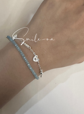 韩国进口925纯银天然海蓝宝晶石碎银牛角包甜甜圈华夫饼手链手环