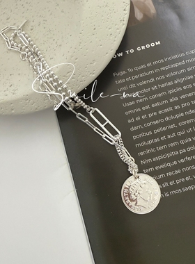 韩国进口S925纯银小众设计人像钱币造型拼接重工链条项链锁骨链