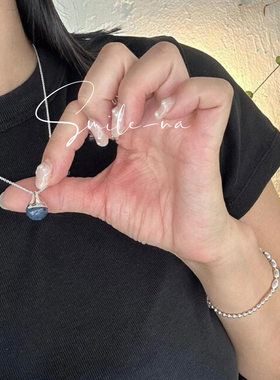 韩国进口小众款S925纯银天然蓝线石吊坠法式复古项链锁骨链女