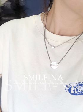 韩国进口纯银复古做旧圆牌项链