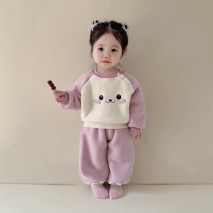 女童秋冬休闲套装韩版婴幼儿可爱加绒加厚卡通卫衣裤子两件套冬装
