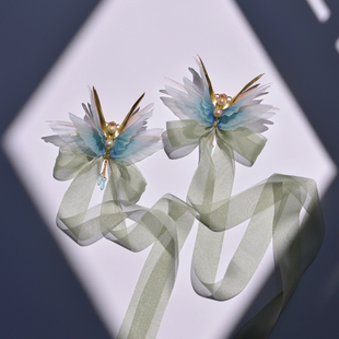 惊蛰 真丝防水定型百褶翅膀天然巴洛克珍珠流苏丝带国潮发夹包邮