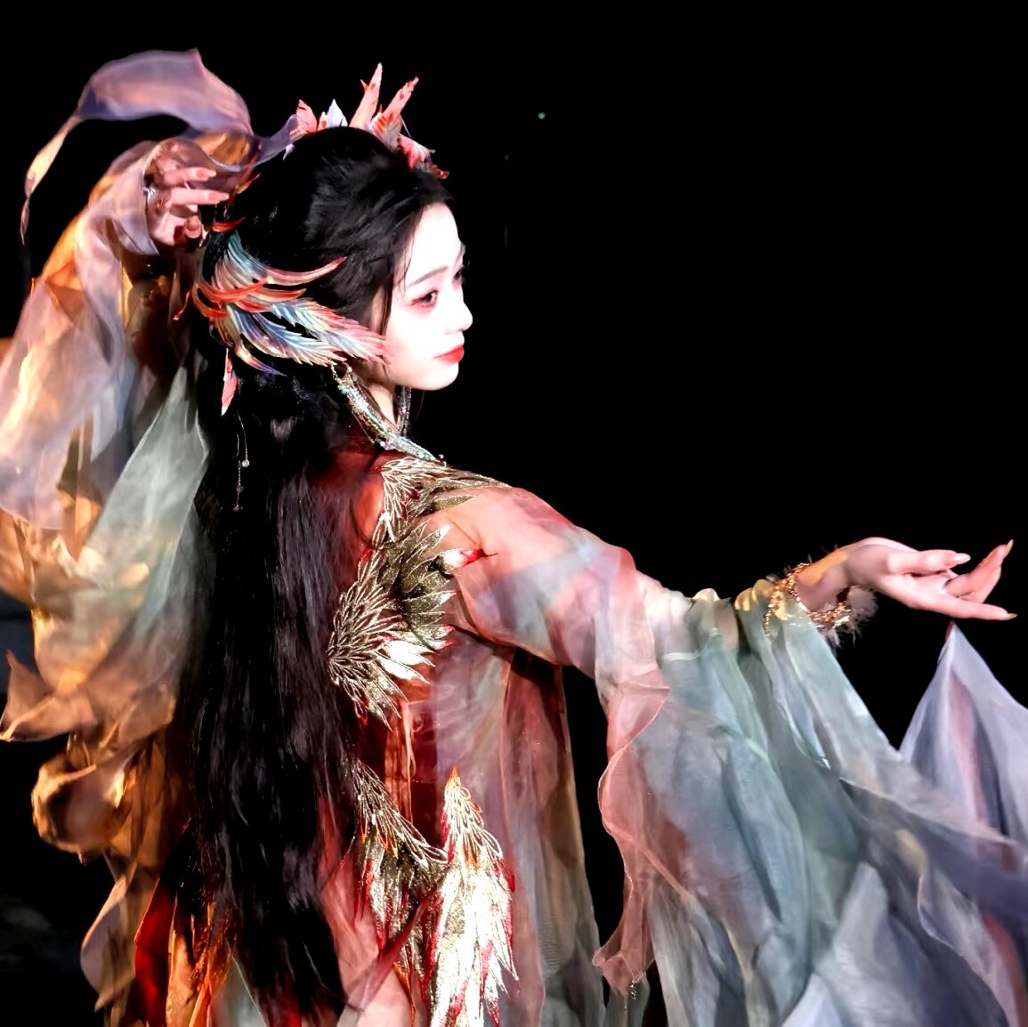 五彩凤凰幻彩真丝绢花原创设计手工定制子颂游园惊梦同款发夹