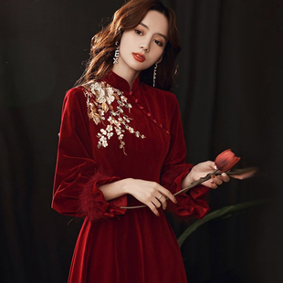 大码 改良旗袍敬酒服新娘高腰遮肚子结婚礼服回门服 孕妇酒红色中式