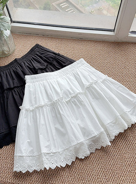 芭蕾风白色A字短裙木耳边拼接伞裙半身裙段高清小个子显高裤裙子