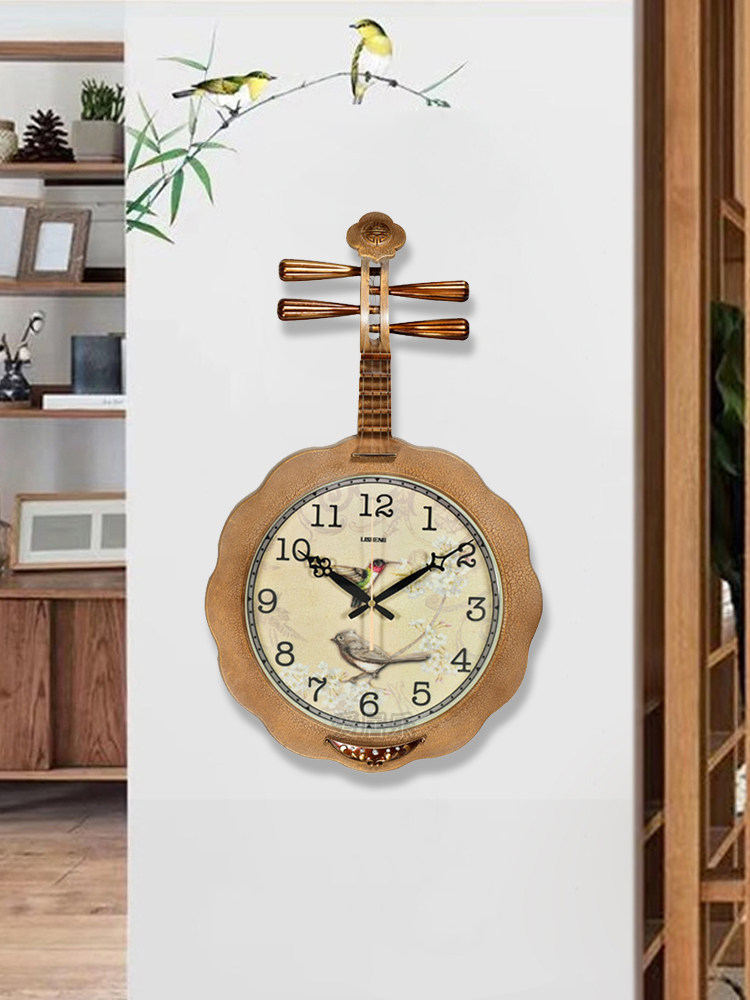 中式古典复古风中阮造型乐器挂钟超静音机芯树脂石英钟装饰时钟表