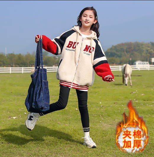 여자 코트 가을 겨울 2024 새로운 가을 두꺼운 면화 어린이 양고기 벨벳 여자 겨울 코트 벨벳 운동복