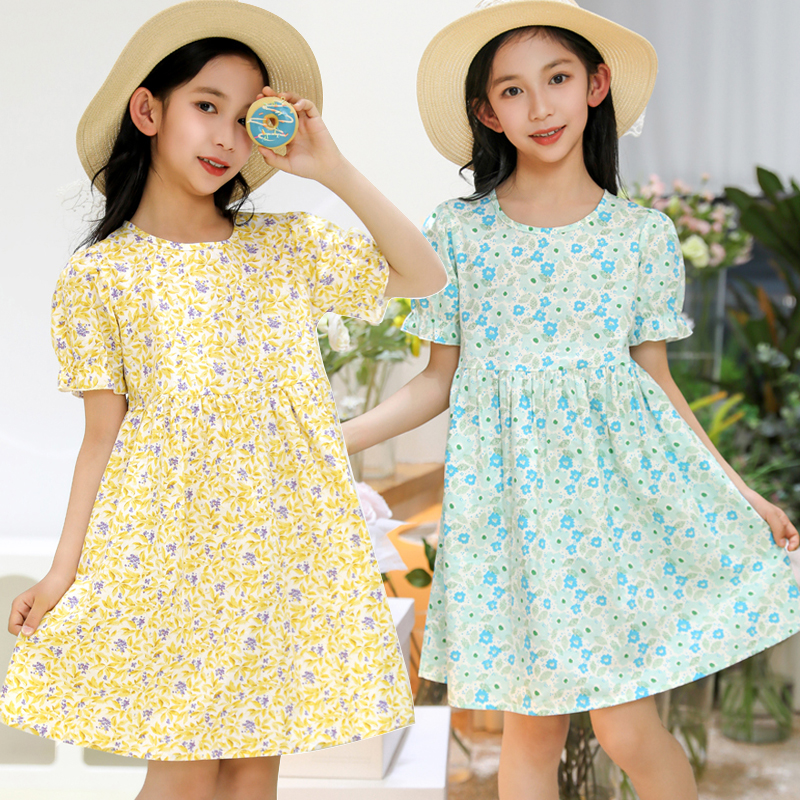 女童棉质连衣裙夏季短袖碎花裙纯棉沙滩群女孩薄款泡泡袖公主裙