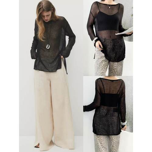 亚麻混纺圆领垂感镂空罩衫上衣