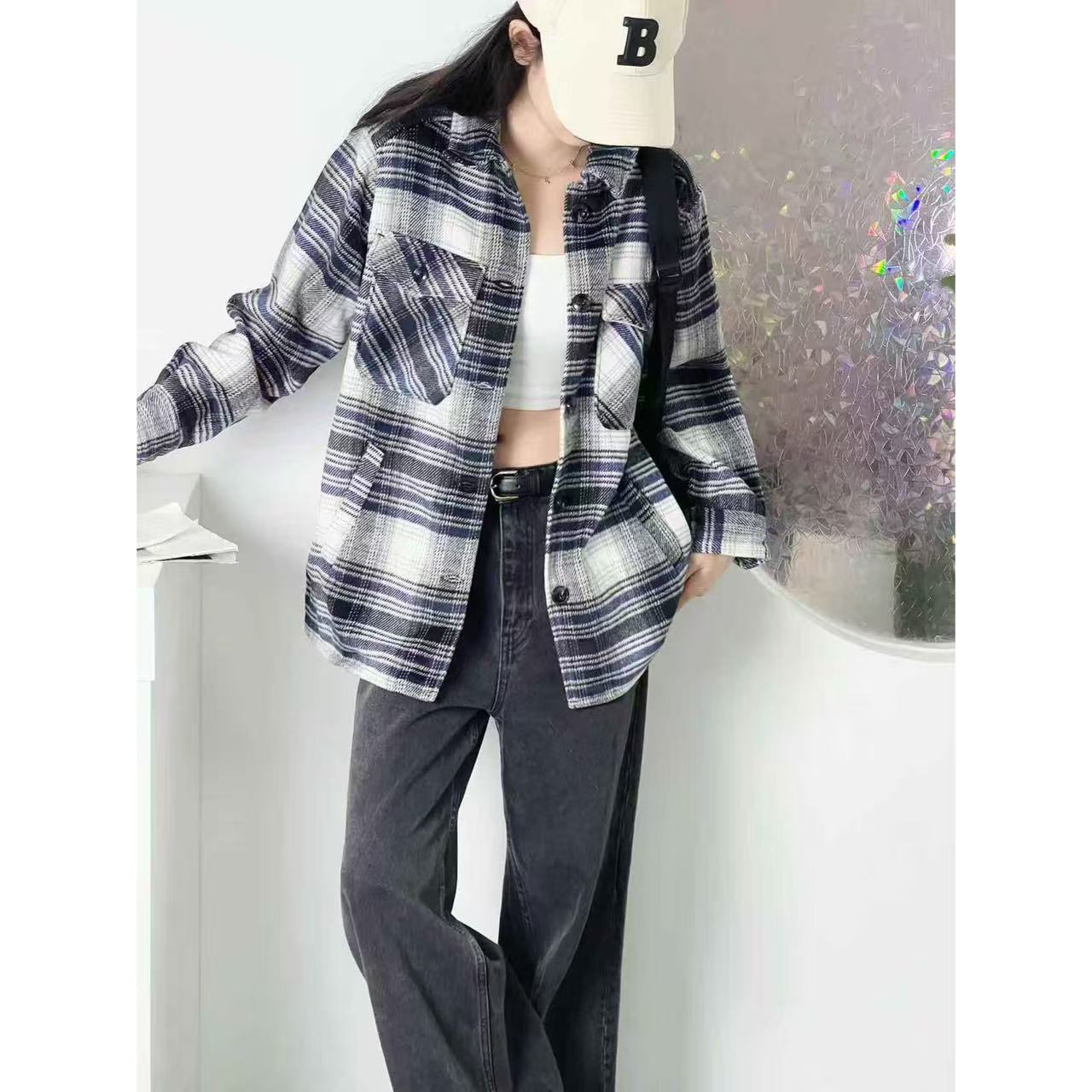 条纹撞色设计宽松百搭衬衫款外套