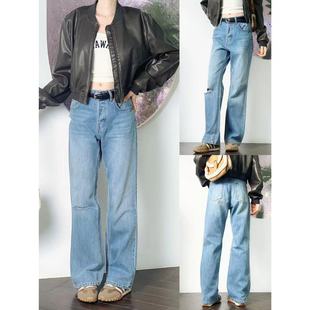 10.22新品 早秋复古港风chic高腰百搭休闲破洞直筒显瘦牛仔长裤