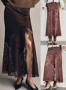 01.28新品 西班牙Z 秀场高及感缎面睫毛蕾丝拼接设计感开叉半身裙