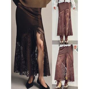 01.28新品 西班牙Z 秀场高及感缎面睫毛蕾丝拼接设计感开叉半身裙
