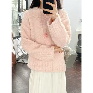 12.03新品 淑女温柔风浅粉色软糯宽松圆领百搭针织毛衣 瑞典单