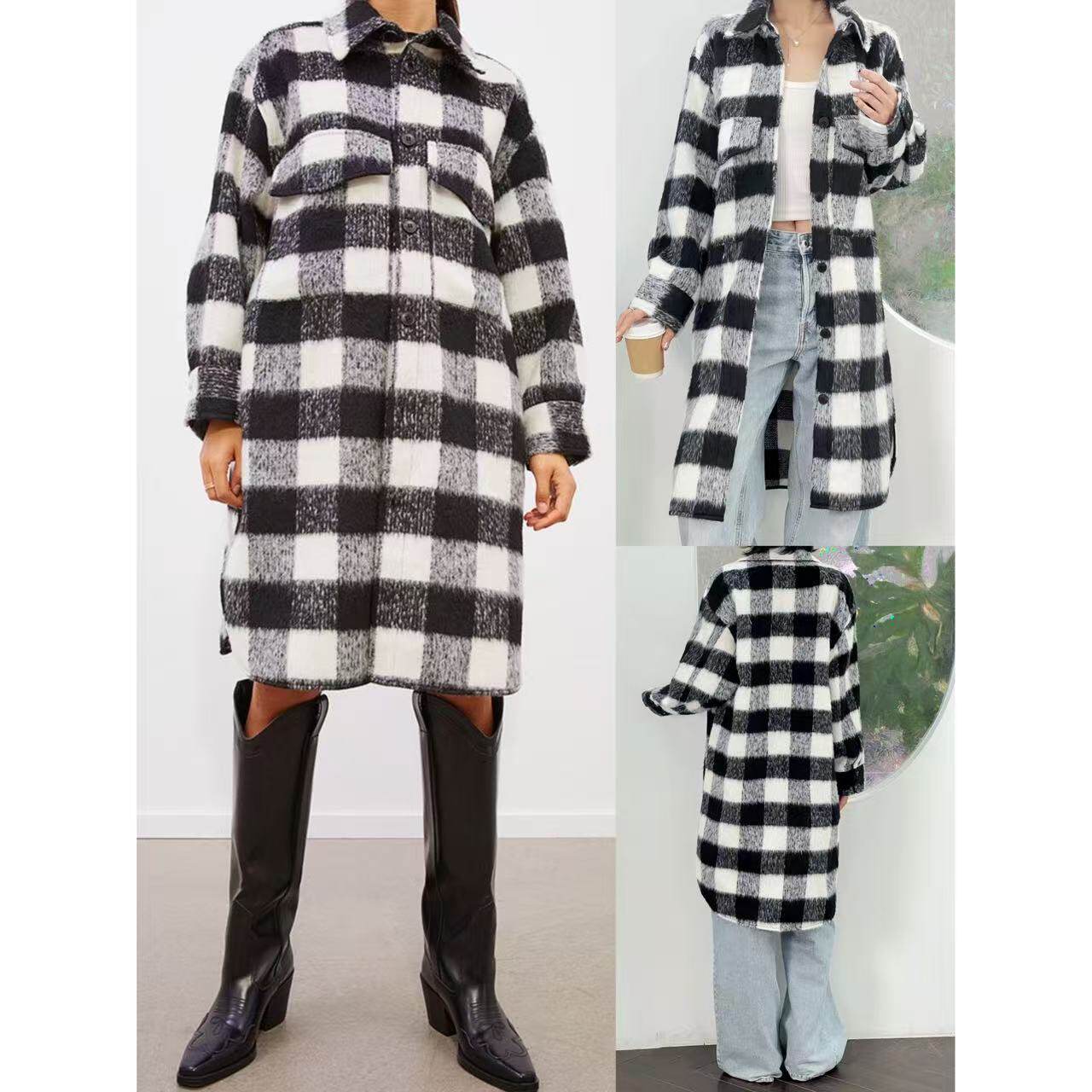 02.28新品 瑞典单 欧式英伦风黑白格纹宽松廓形中长款毛呢外套