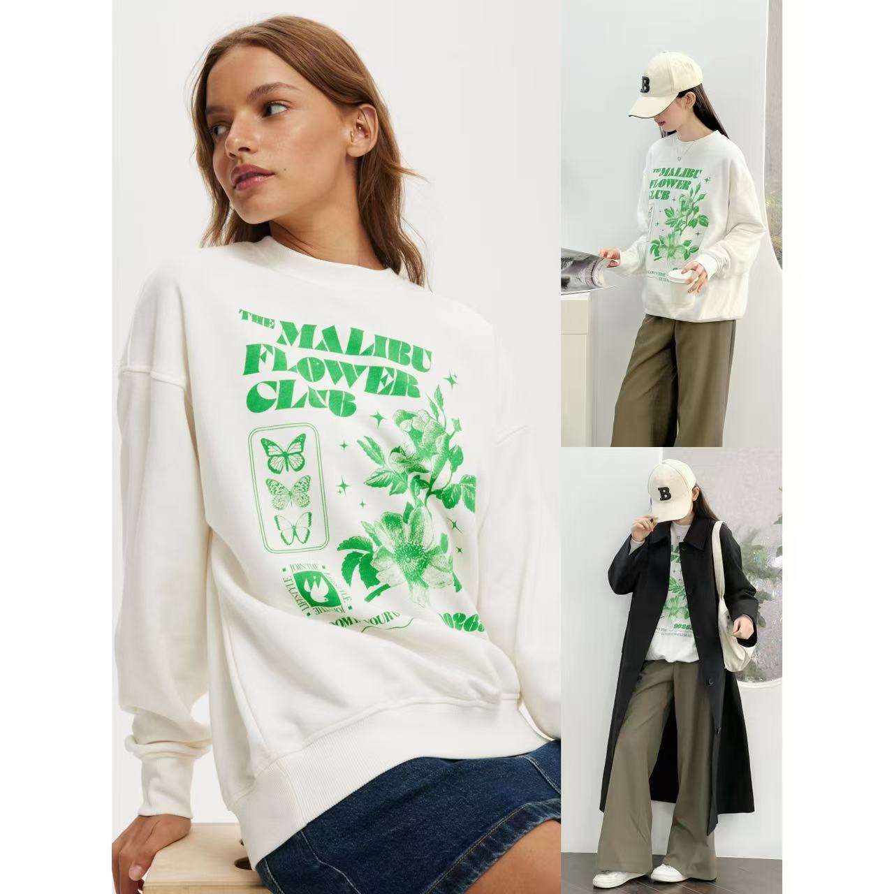 绿色字母印花圆领宽松百搭卫衣