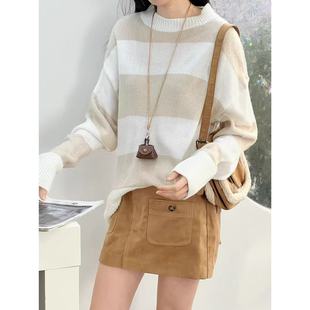 12.27新品 BM风慵懒条纹拼接设计宽松圆领休闲针织上衣 瑞典单