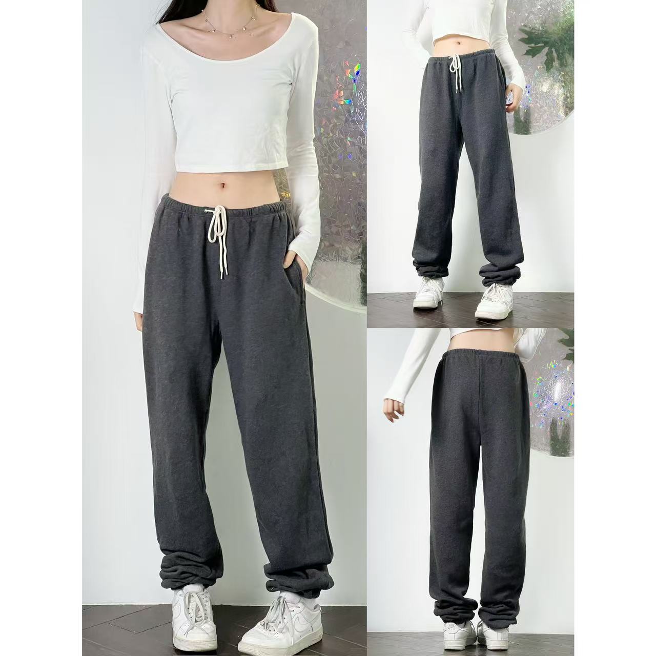 复古纯色休闲运动高腰束脚卫裤