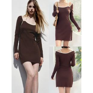 01.17新品 呦R 纯欲BM风辣妹款假两件设计长袖收腰显瘦A字连衣裙