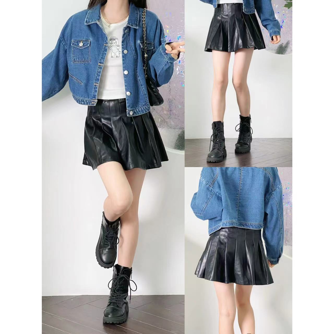 美式辣妹早秋韩系设计高腰皮裙