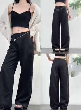 OOhome新品 OS 萊赛尔亚麻混纺美式辣妹风高腰速干阔腿垂坠感长裤