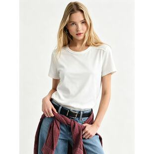 06.24新品 日常简约通勤风百搭纯色休闲圆领短袖正肩T恤上衣