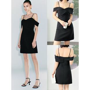 连衣裙 亚麻混纺暗黑系收腰显瘦A摆吊带一字肩短款 03.25新品 呦R