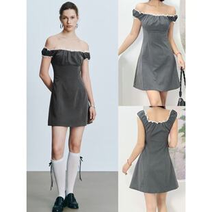 03.07新品 名媛风质感高级撞色蕾丝花边一字肩两穿A字连衣裙 呦R