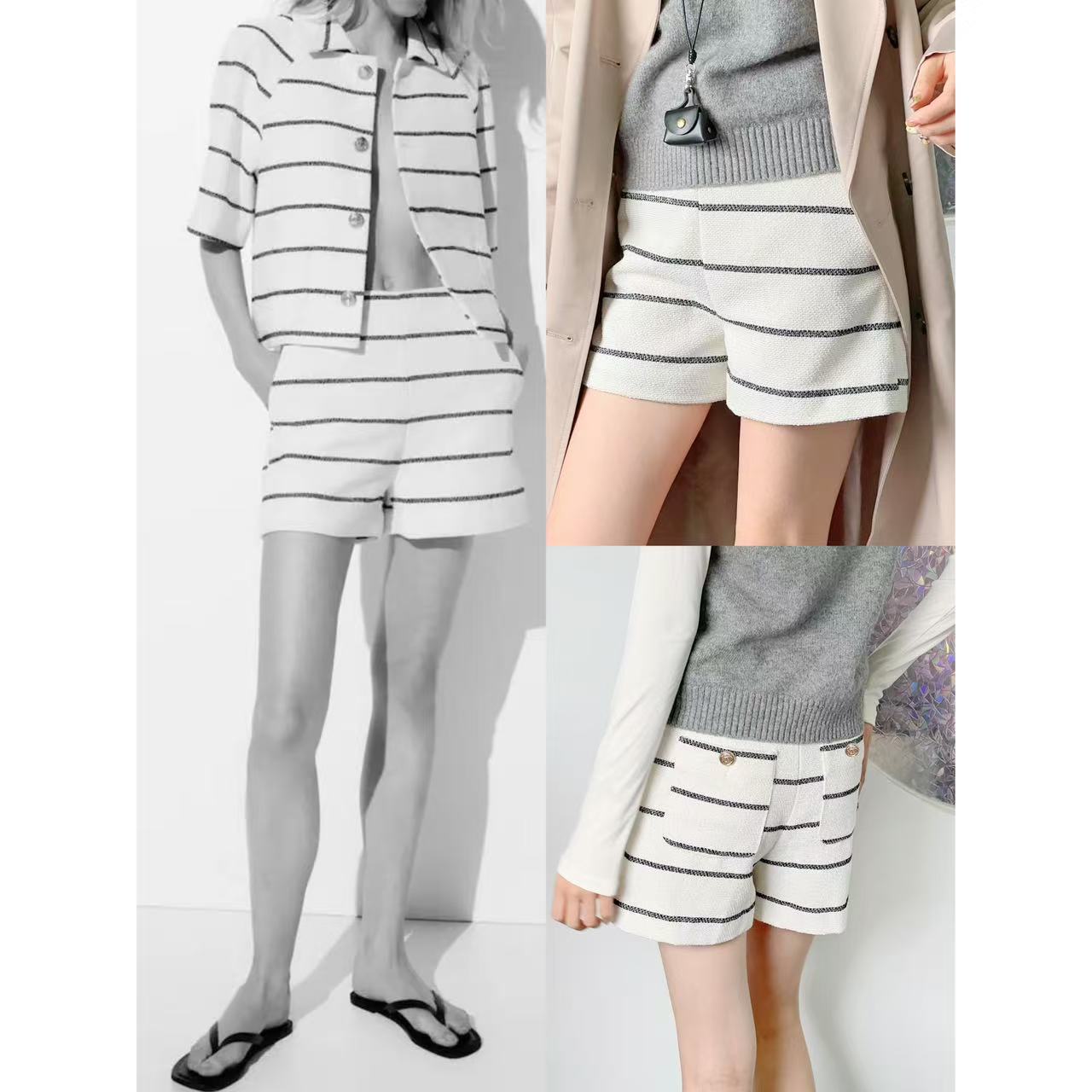 小香风经典条纹高腰显瘦百搭短裤