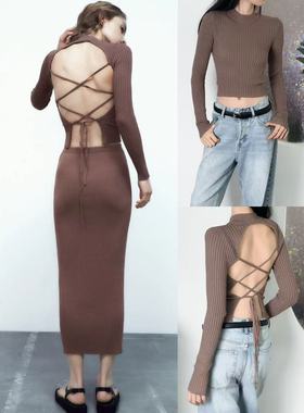 11.08新品 西班牙Z 欧美甜辣风露背绑带设计修身显瘦高领针织上衣
