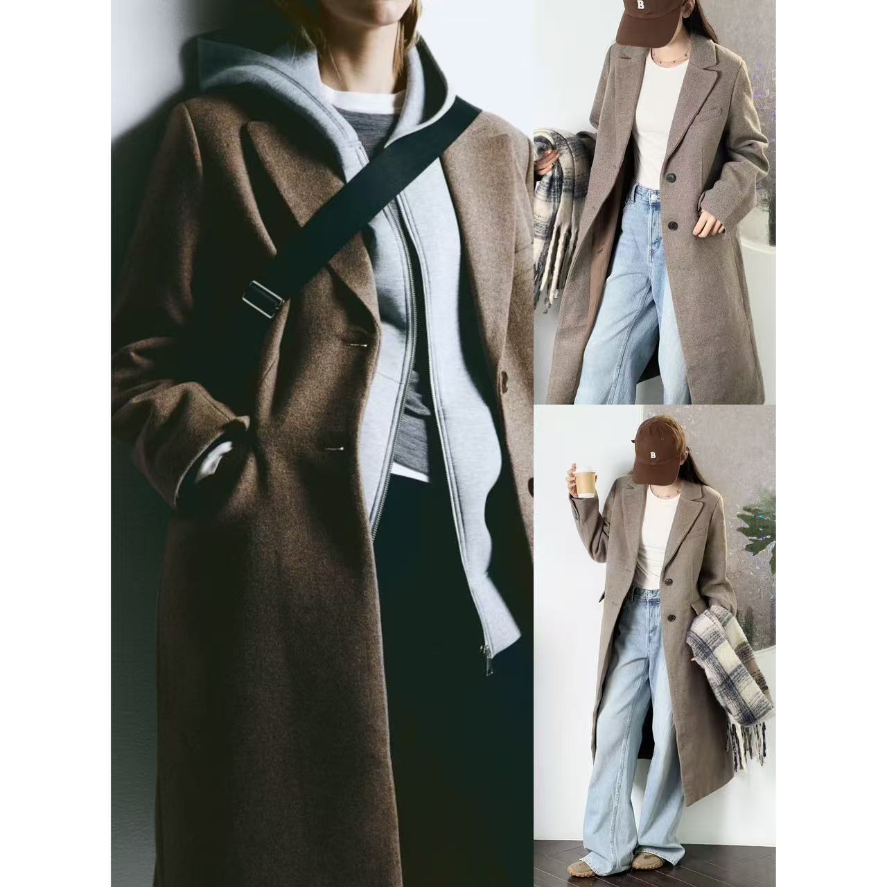 复古美拉德西装领宽松羊绒大衣