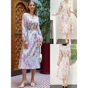 繁花系列飘逸V领绑带雪纺连衣裙 萊赛尔亚麻混纺 MAX 02.28新品