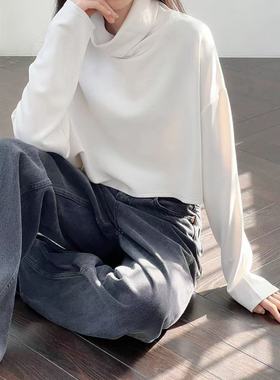 11.22新品 O歪sho 日系极简纯色~莫代尔混纺柔软高领宽松百搭上衣